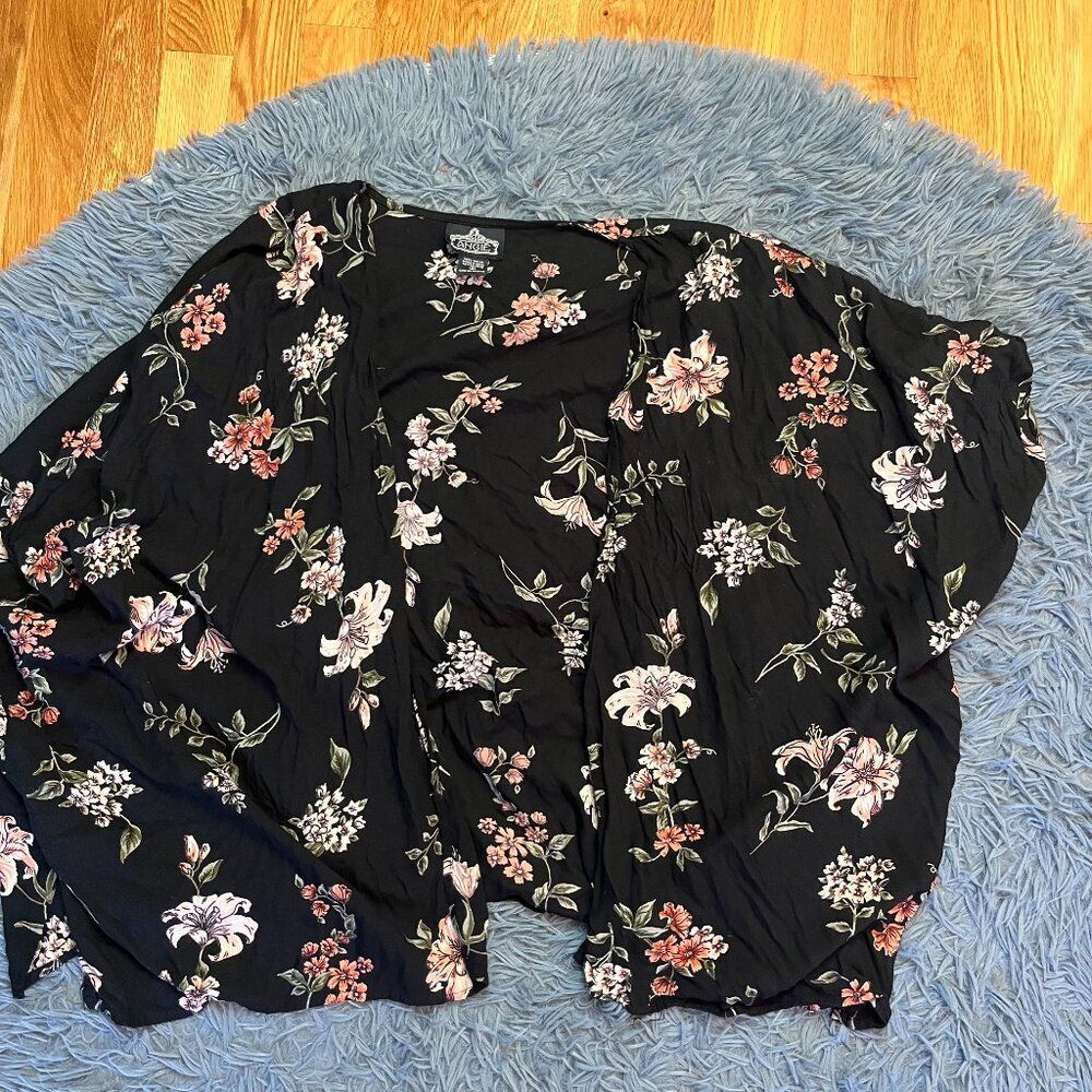 Angie Black Boho Floral Print Kimono Cardigan Size S